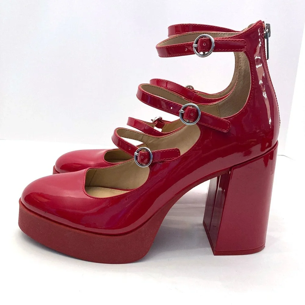 Steve Madden Quad Heels Red Patent Faux Leather Platform Womens 10 Straps Chunky